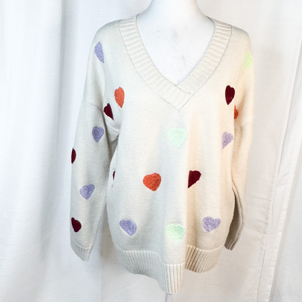 ModCloth Women L Cream V Neck Sweater Colorful Hearts Oversized Cottagecore EUC